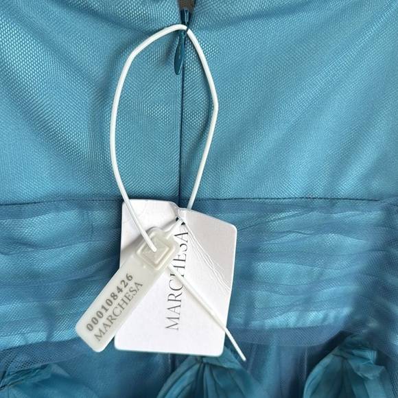 NEW MARCHESA NOTTE V-Neck Ombre Tulle Tiered Ruffle Gown Sage 14 - Picture 8 of 13